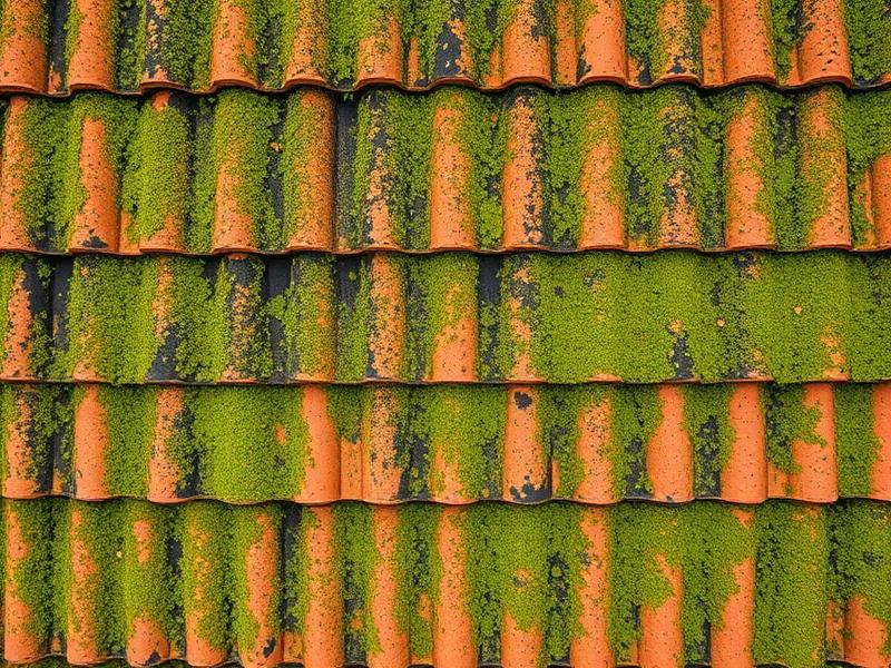 Roof tiles covered in moss and lichen before cleaning
